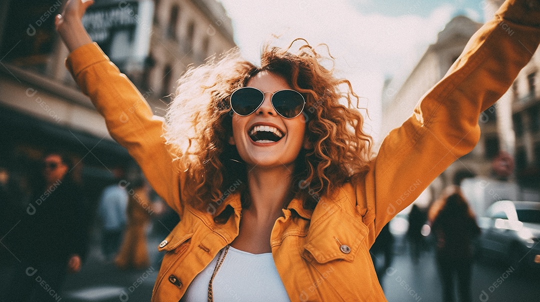 Linda pessoa feliz comemorando na rua