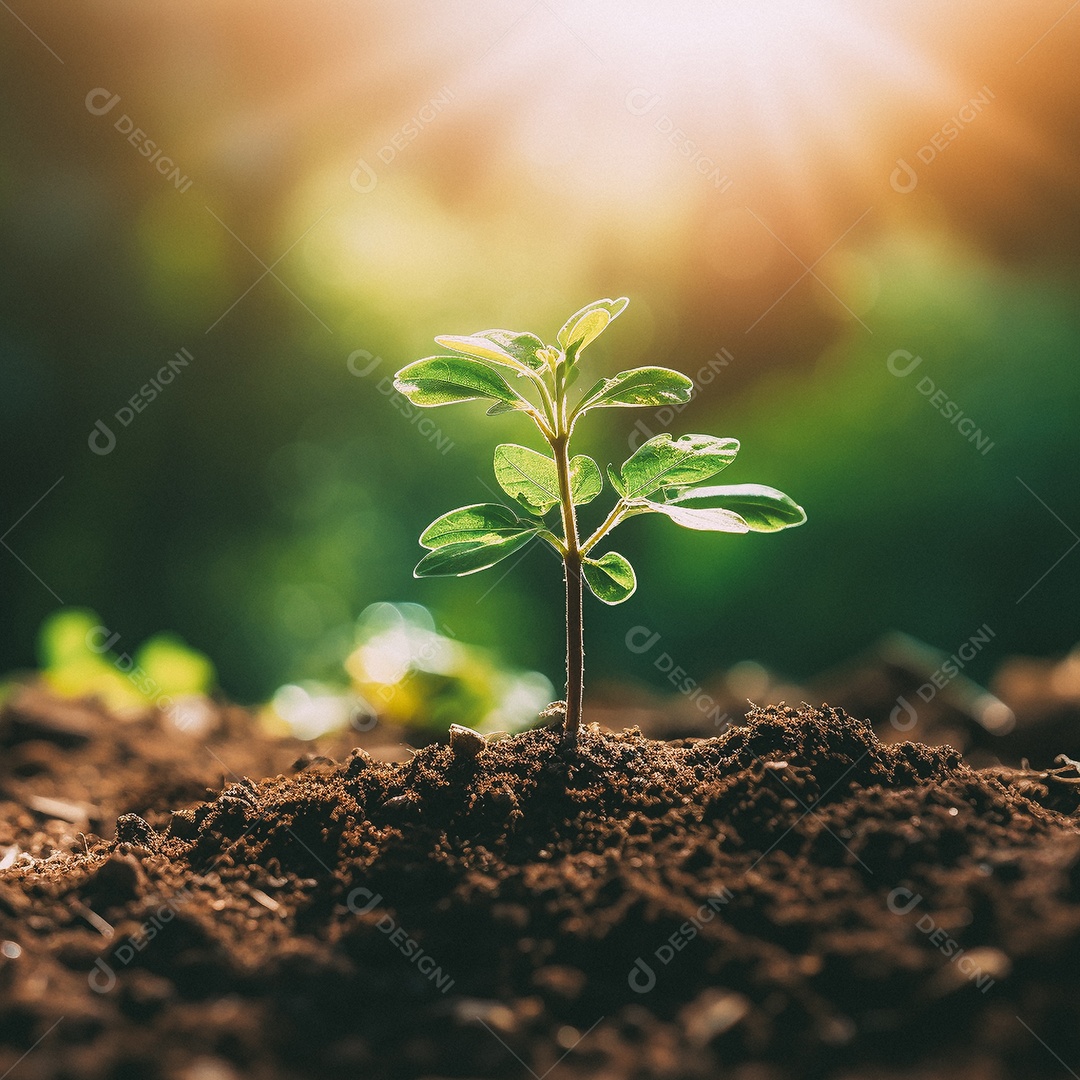 Pequena árvore crescendo com luz do sol no jardim