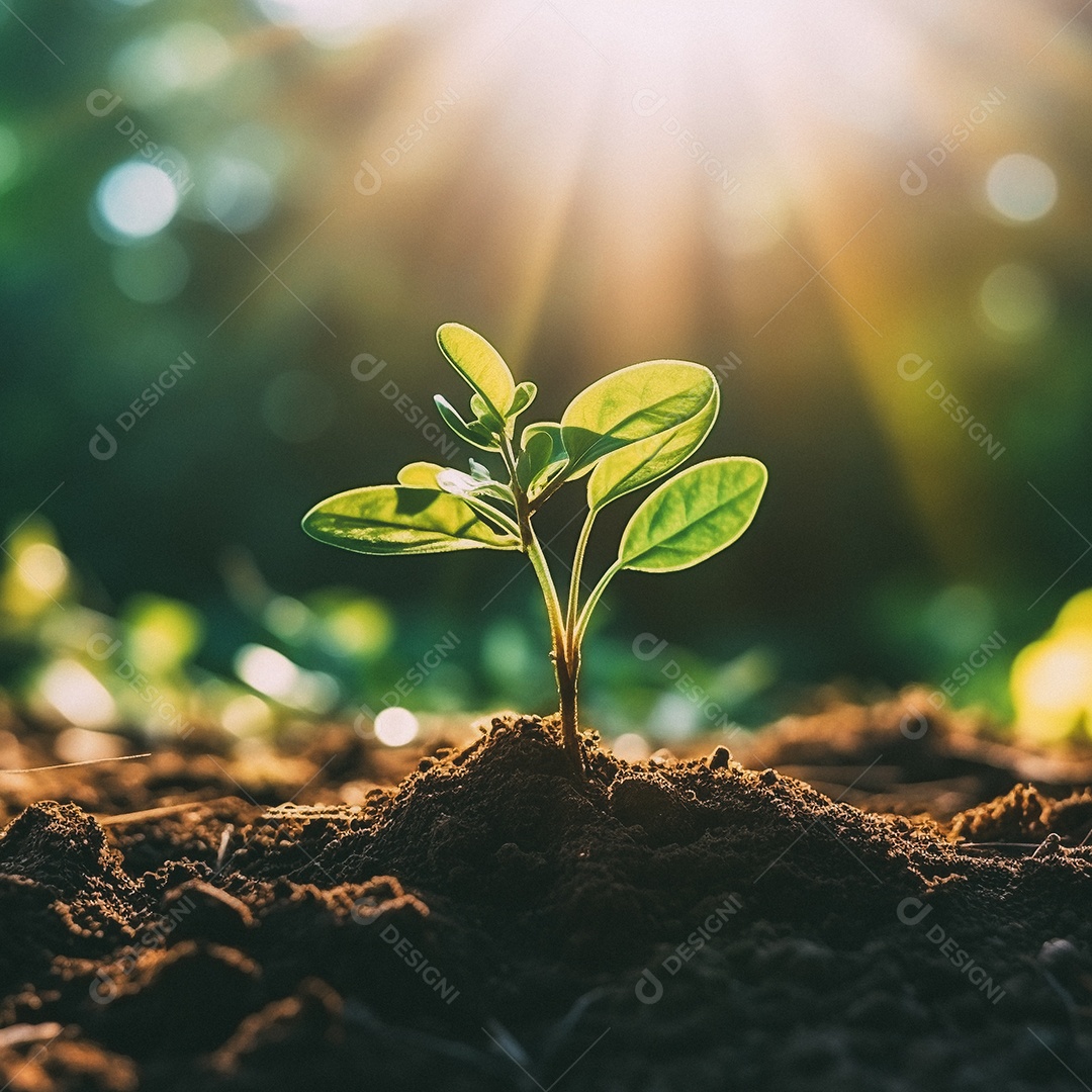 Pequena árvore crescendo com luz do sol no jardim