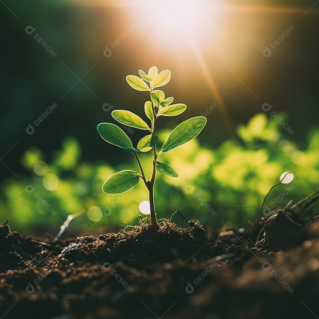 Pequena árvore crescendo com luz do sol no jardim