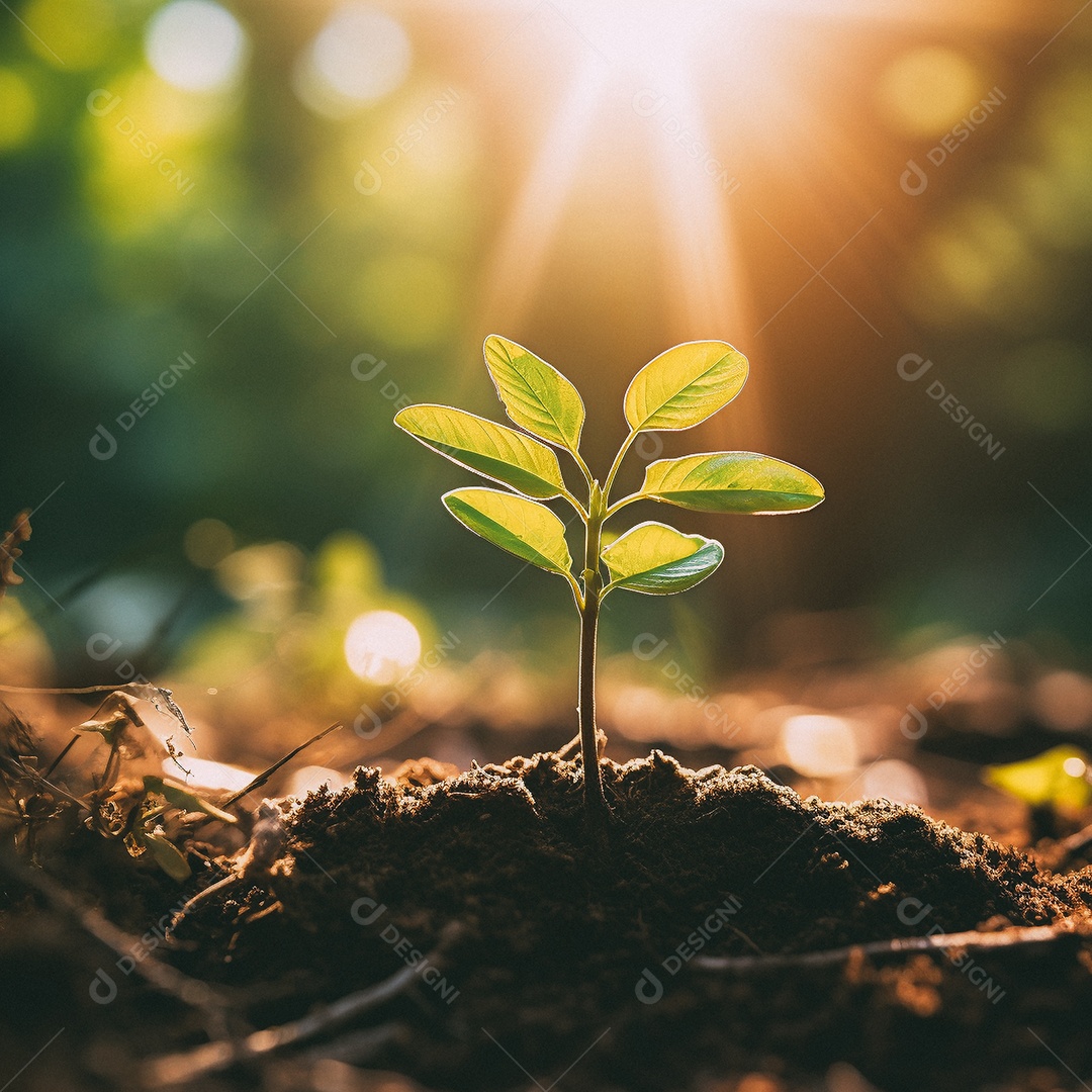 Pequena árvore crescendo com luz do sol no jardim