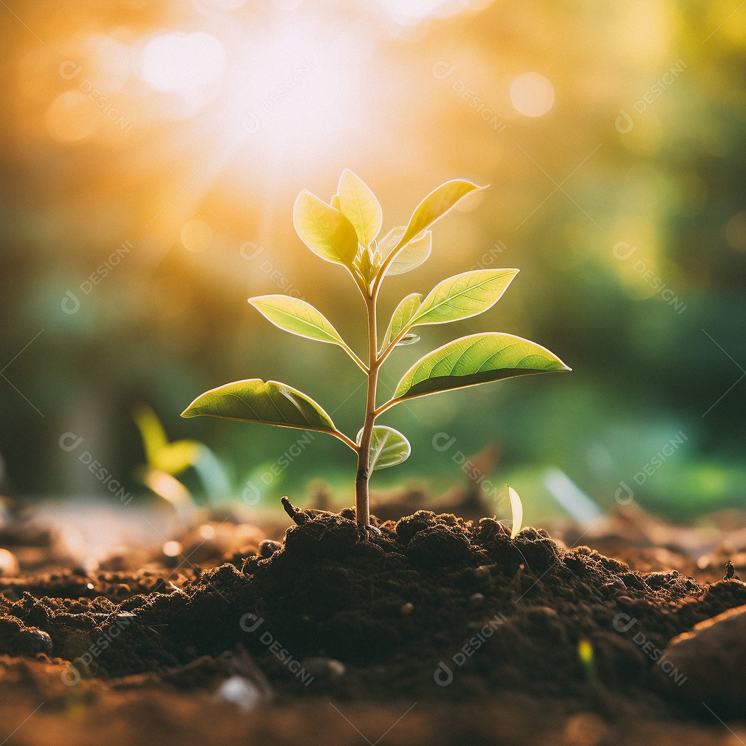 Pequena árvore crescendo com luz do sol no jardim