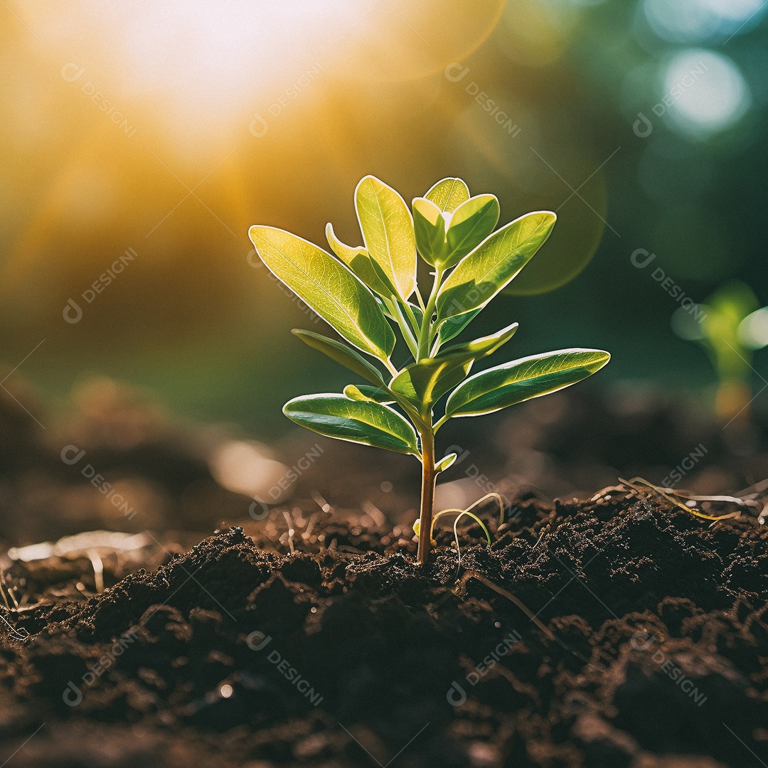 Pequena árvore crescendo com luz do sol no jardim