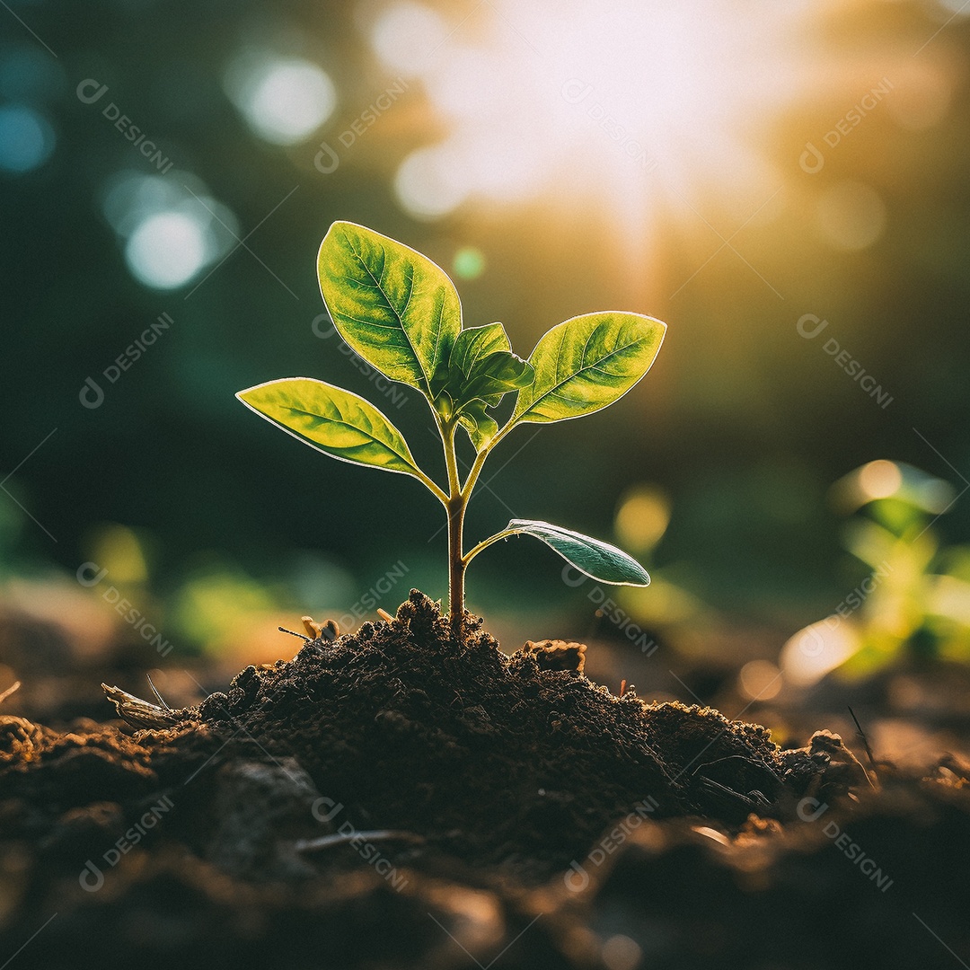 Pequena árvore crescendo com luz do sol no jardim