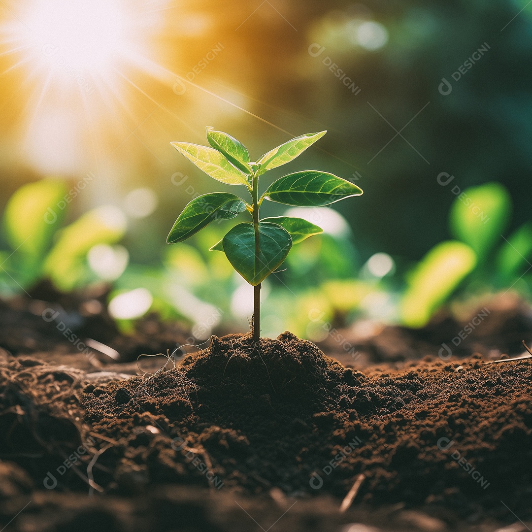 Pequena árvore crescendo com luz do sol no jardim