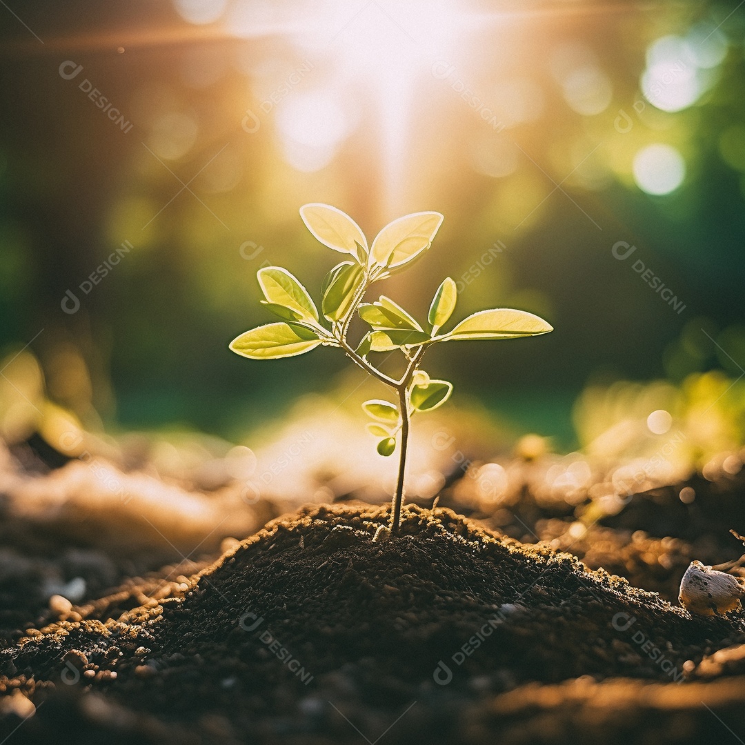 Pequena árvore crescendo com luz do sol no jardim