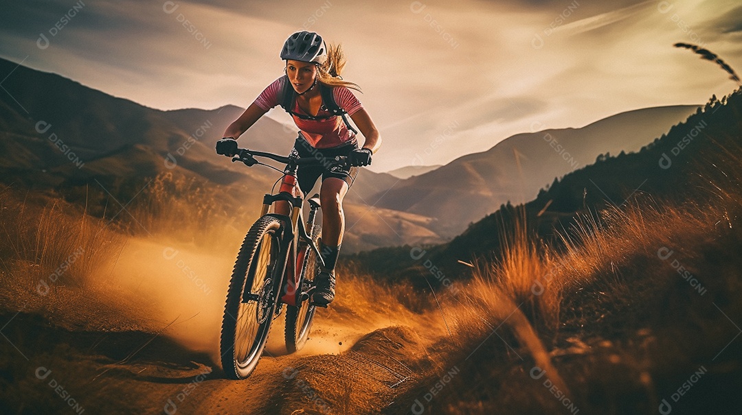 Jovem andando de bicicleta na trilha da montanha