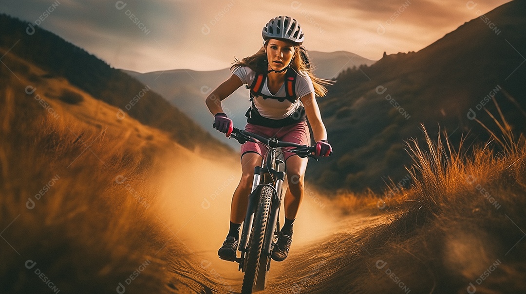 Jovem andando de bicicleta na trilha da montanha