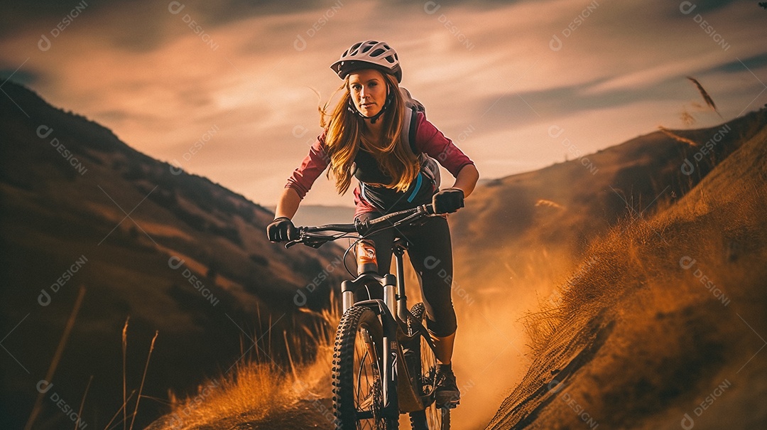 Jovem andando de bicicleta na trilha da montanha