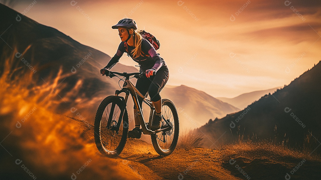 Jovem andando de bicicleta na trilha da montanha