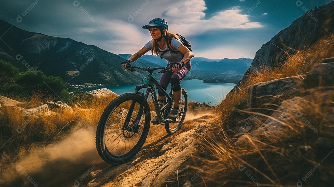Jovem andando de bicicleta na trilha da montanha