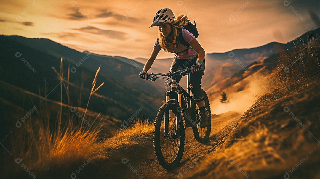 Jovem andando de bicicleta na trilha da montanha