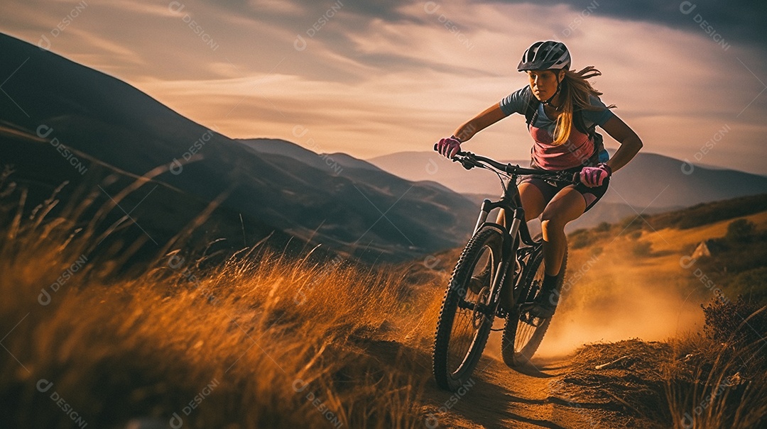 Jovem andando de bicicleta na trilha da montanha