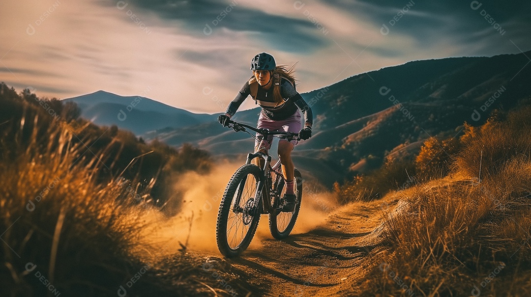 Jovem andando de bicicleta na trilha da montanha