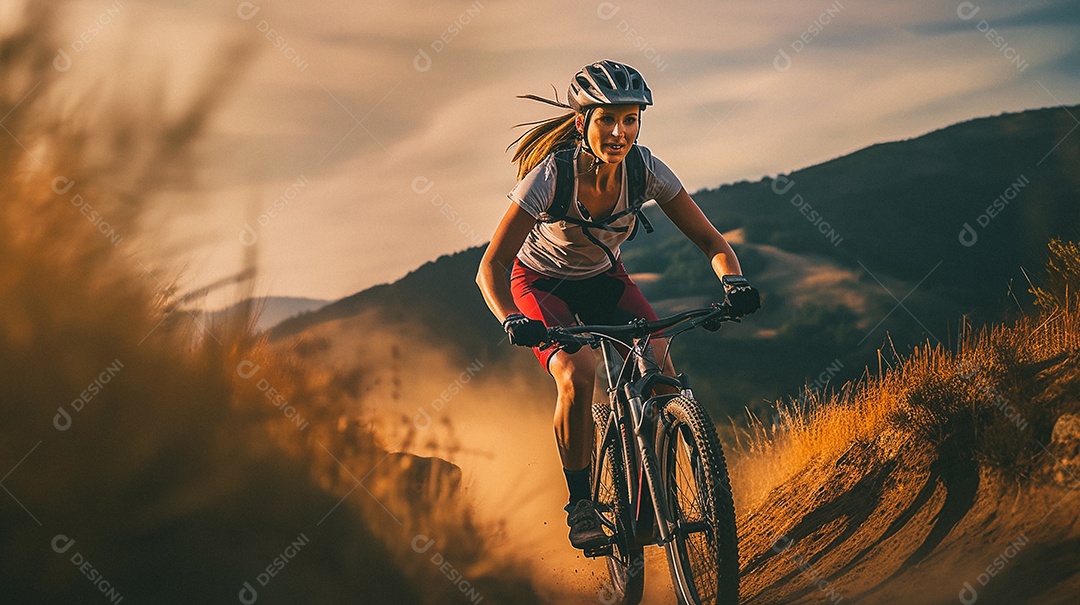 Jovem andando de bicicleta na trilha da montanha