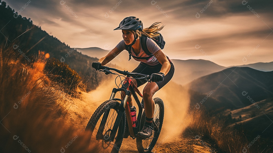 Jovem andando de bicicleta na trilha da montanha