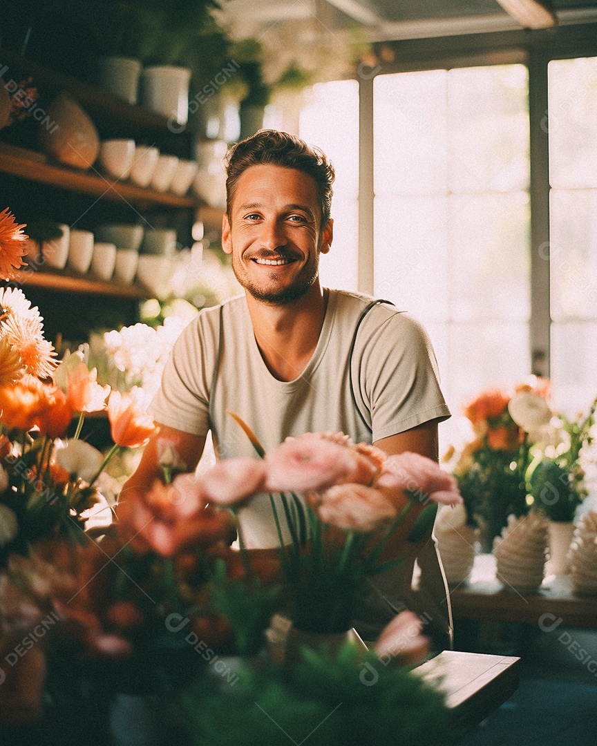 Jovem trabalhando em uma floricultura
