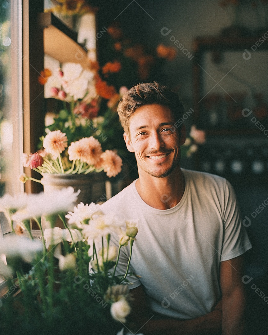 Jovem trabalhando em uma floricultura