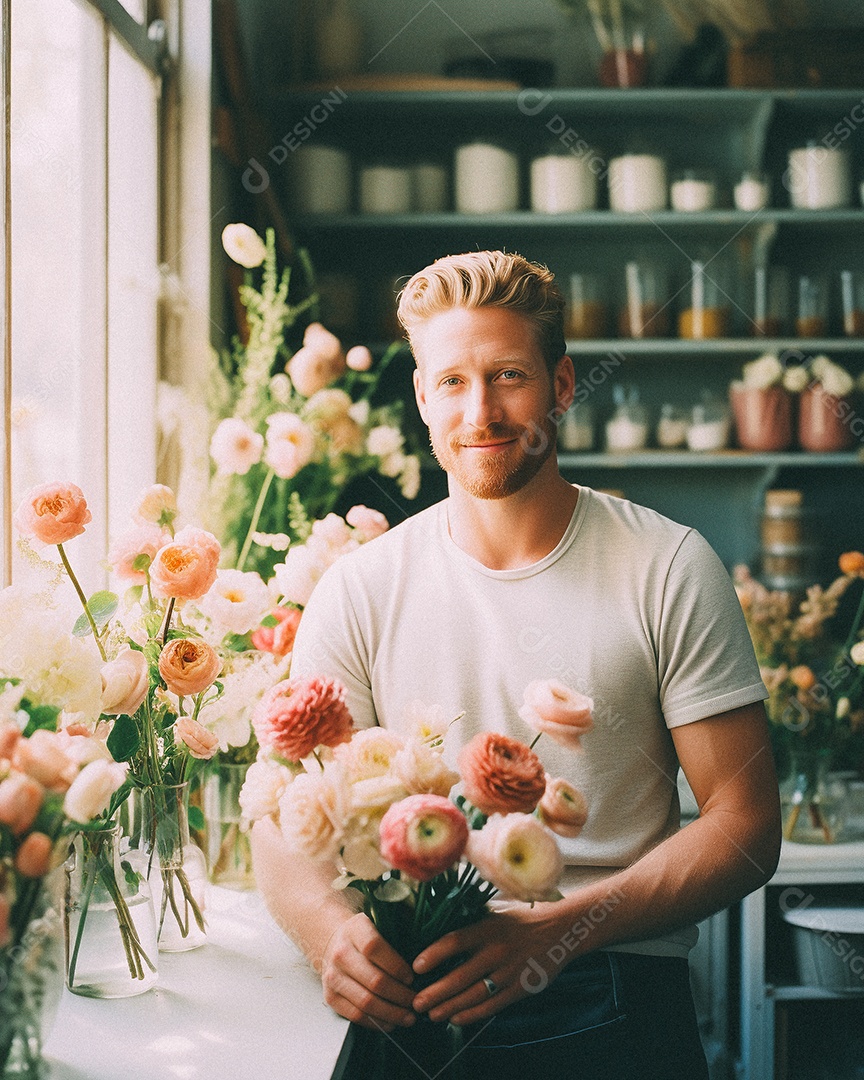 Jovem trabalhando em uma floricultura