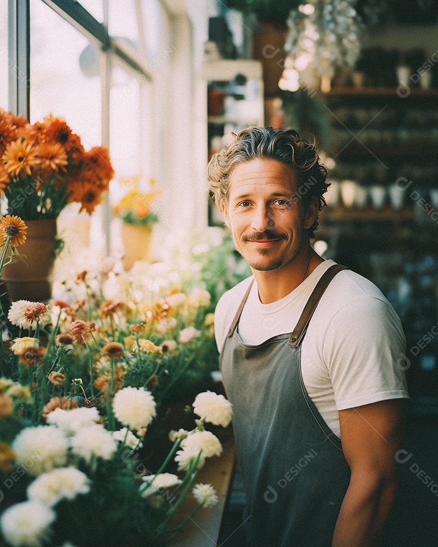 Jovem trabalhando em uma floricultura