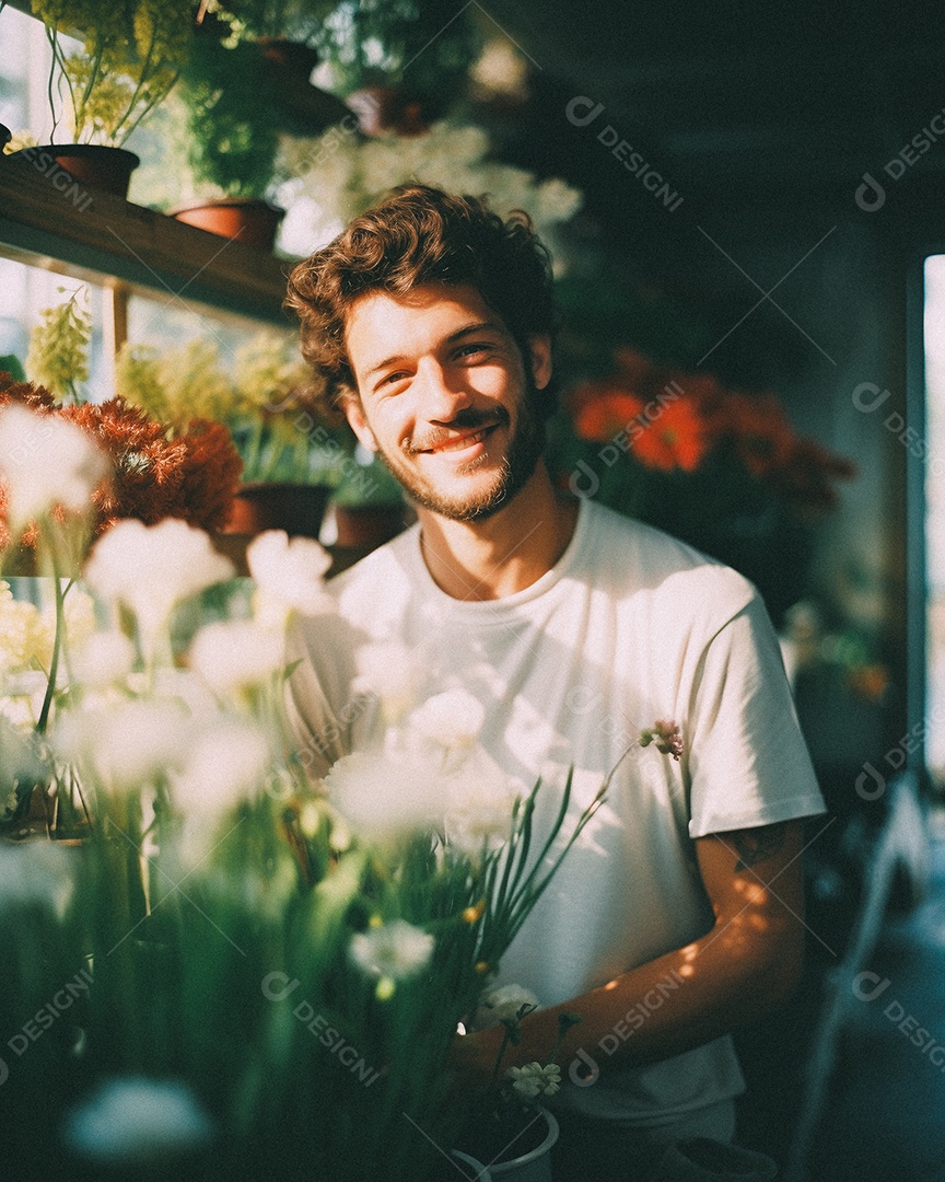 Jovem trabalhando em uma floricultura