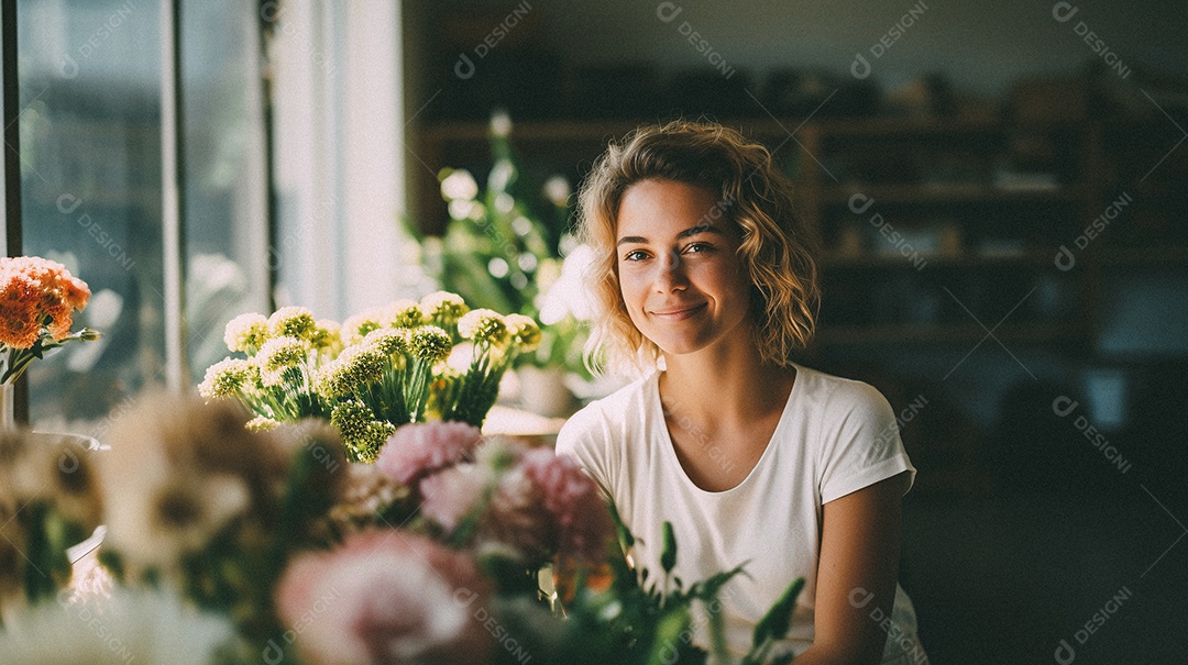 Mulher trabalhando em uma floricultura