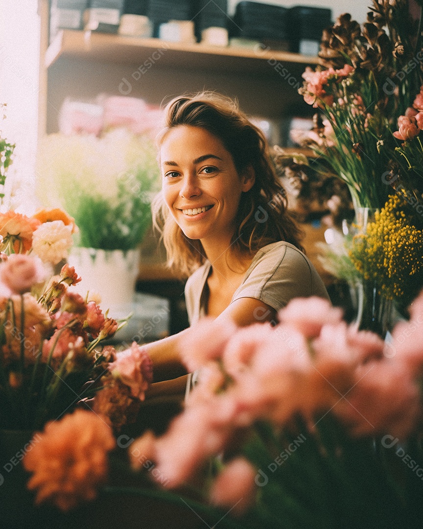 Mulher trabalhando em uma floricultura