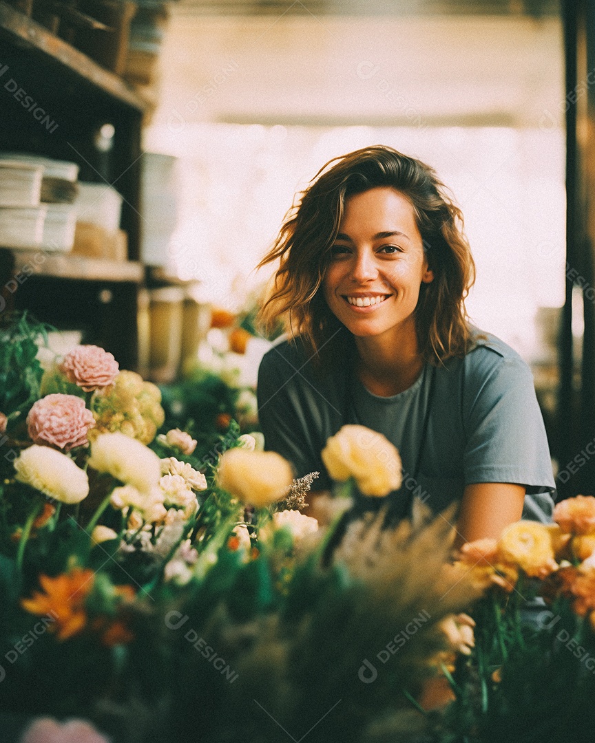 Mulher trabalhando em uma floricultura