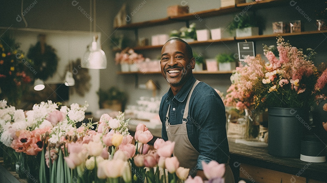 Homem negro trabalhando em uma floricultura