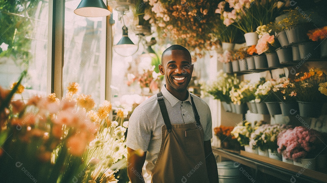 Homem negro trabalhando em uma floricultura