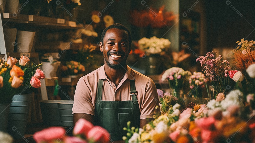 Mulher negra trabalhando em uma floricultura