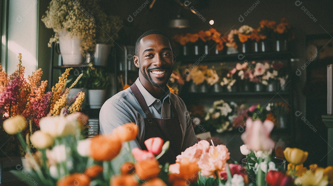 Mulher negra trabalhando em uma floricultura
