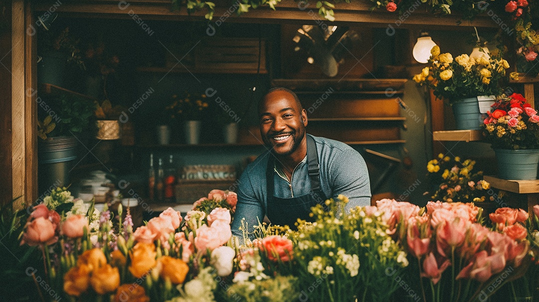 Mulher negra trabalhando em uma floricultura