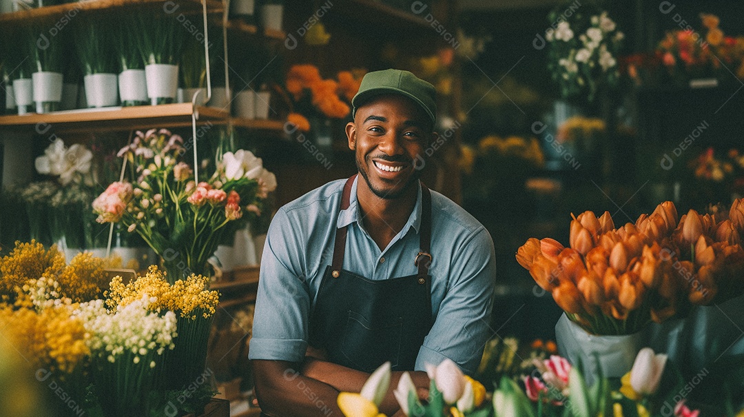Mulher negra trabalhando em uma floricultura