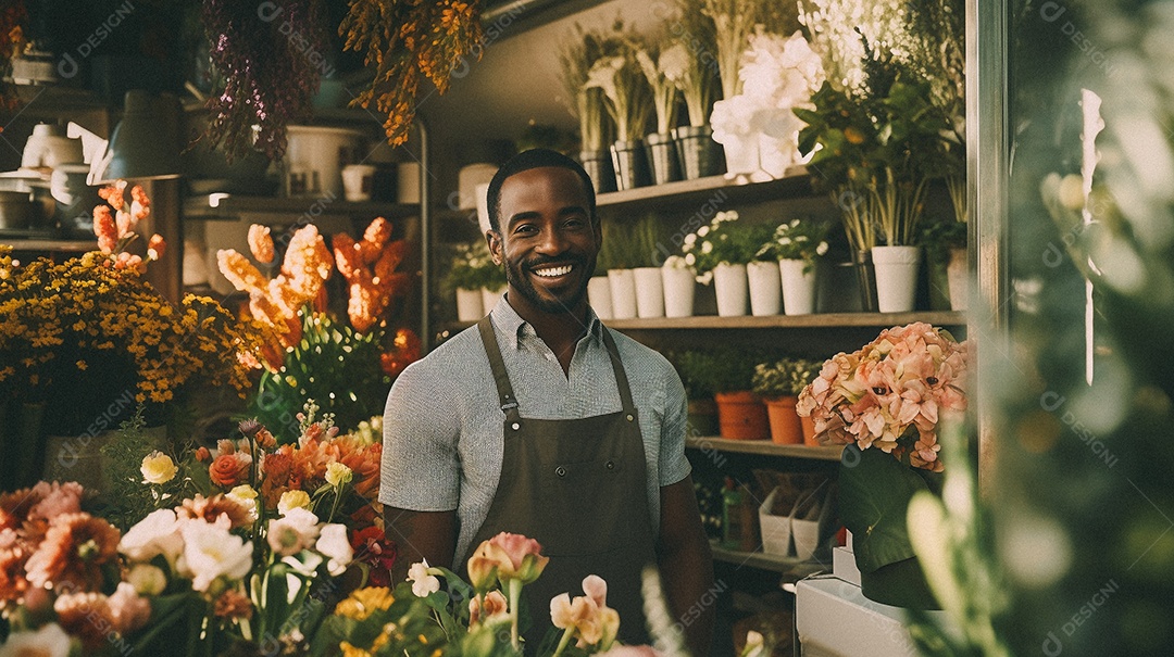 Mulher negra trabalhando em uma floricultura