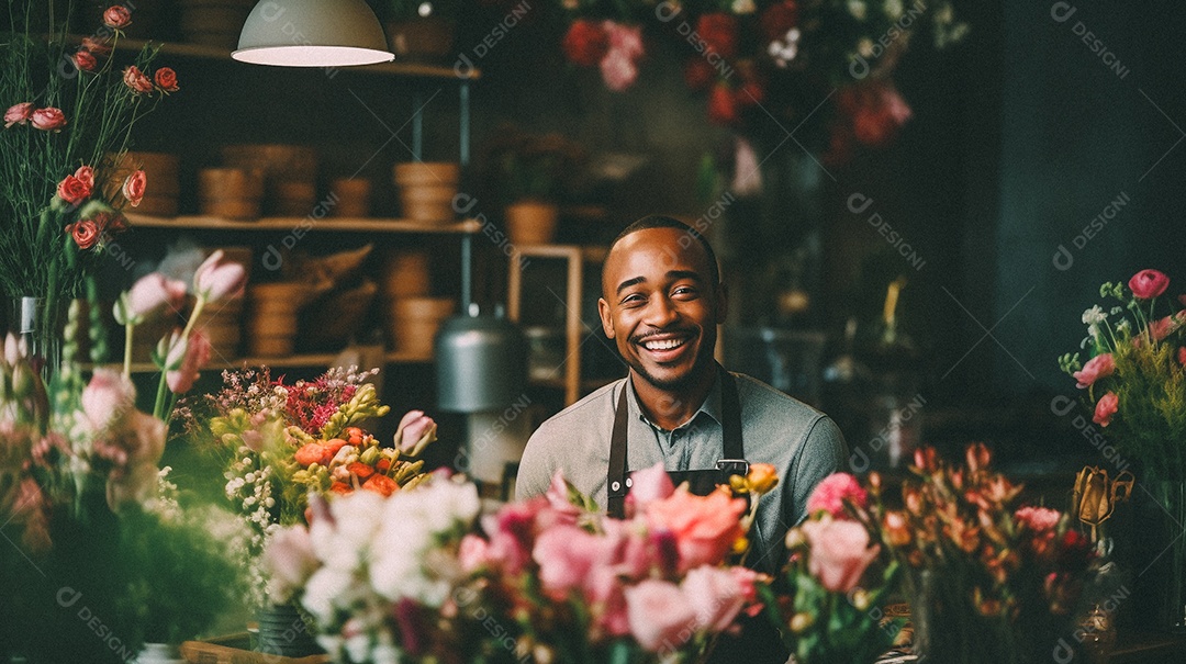 Mulher negra trabalhando em uma floricultura