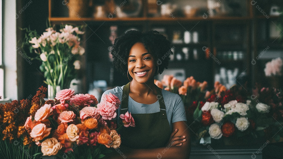 Mulher negra trabalhando em uma floricultura