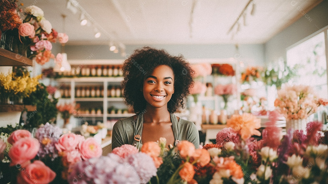 Mulher negra trabalhando em uma floricultura