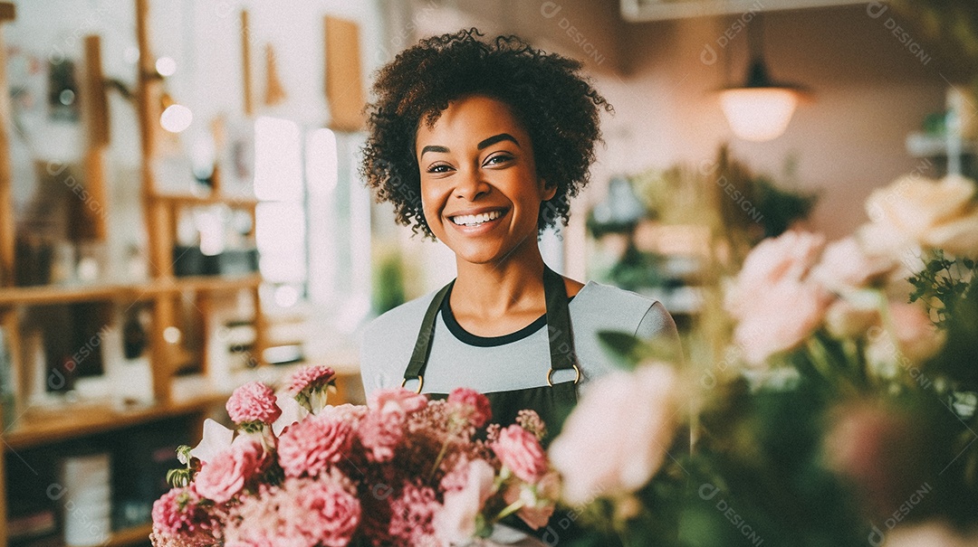 Mulher negra trabalhando em uma floricultura