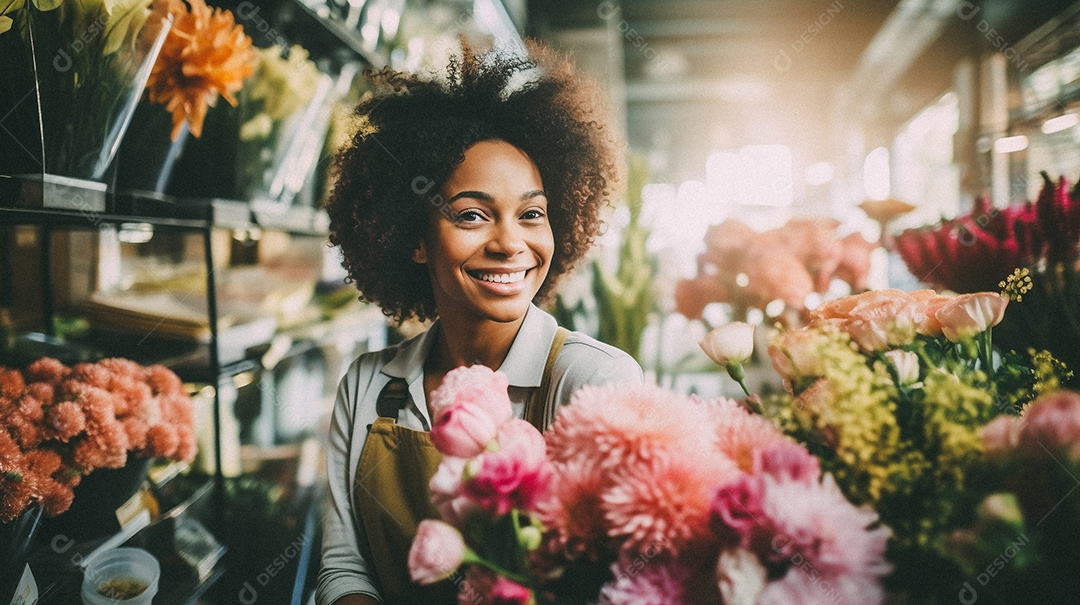 Mulher negra trabalhando em uma floricultura