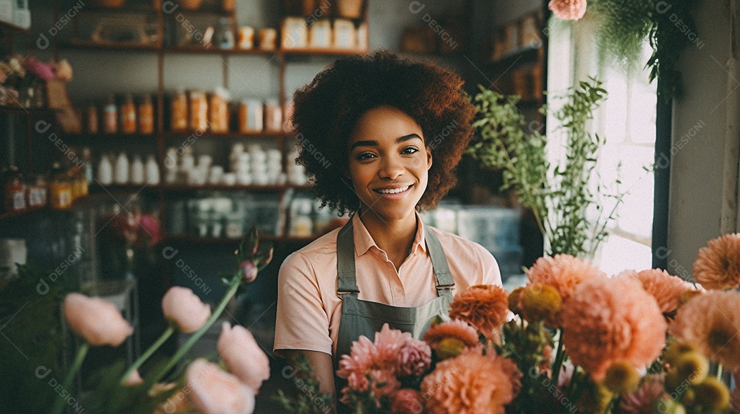 Mulher negra trabalhando em uma floricultura
