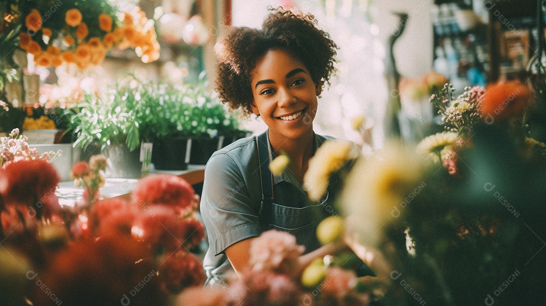 Mulher negra trabalhando em uma floricultura