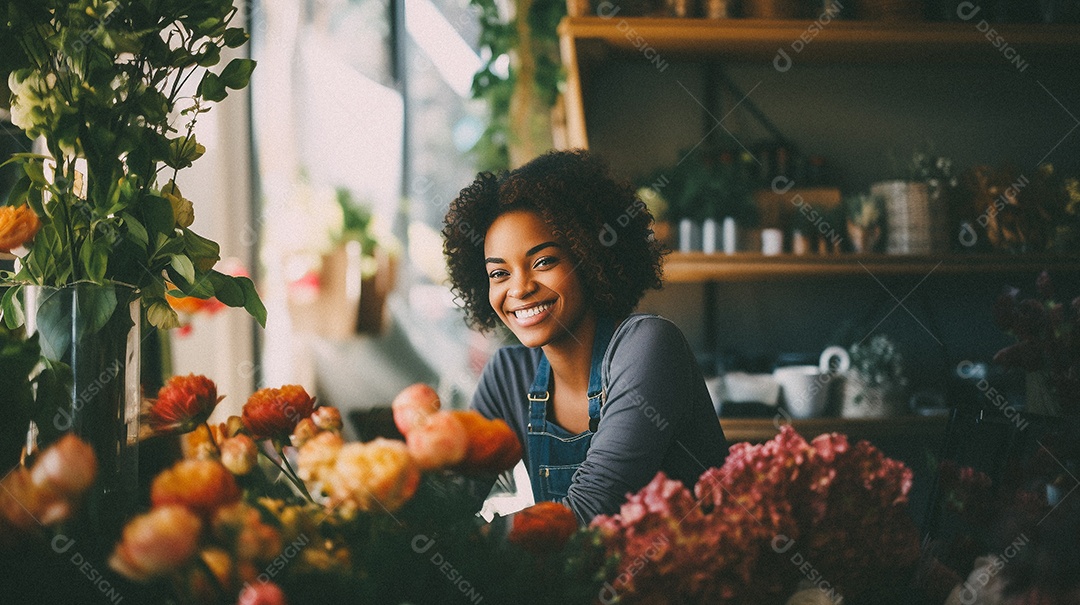 Mulher negra trabalhando em uma floricultura