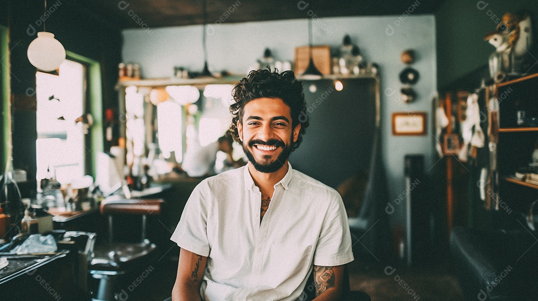 Homem branco trabalhando em uma barbearia