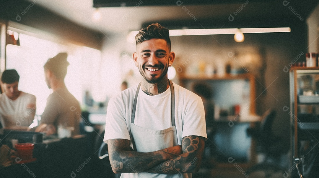Homem branco trabalhando em uma barbearia
