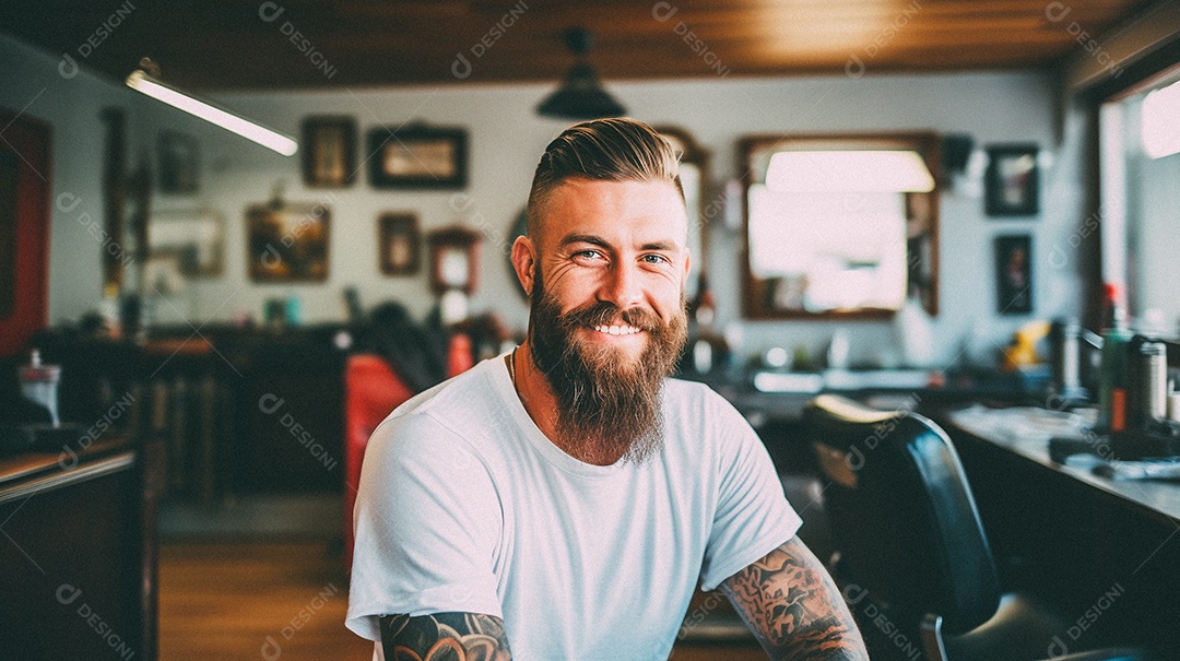 Homem branco trabalhando em uma barbearia