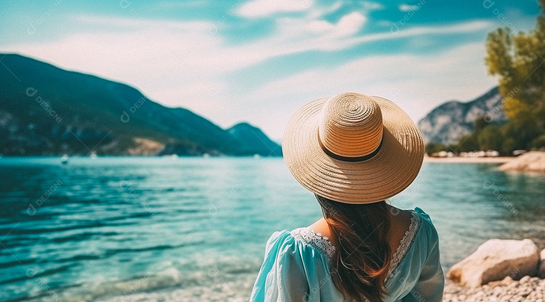 Mulher usando chapéu de palha fica na praia
