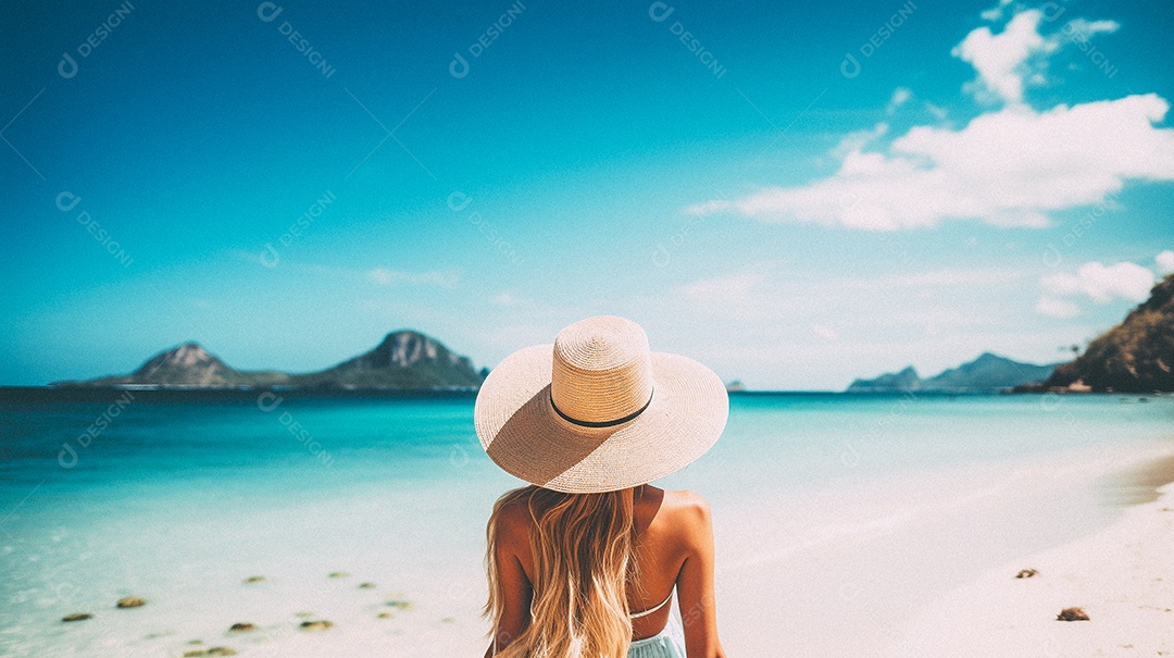 Mulher usando chapéu de palha fica na praia