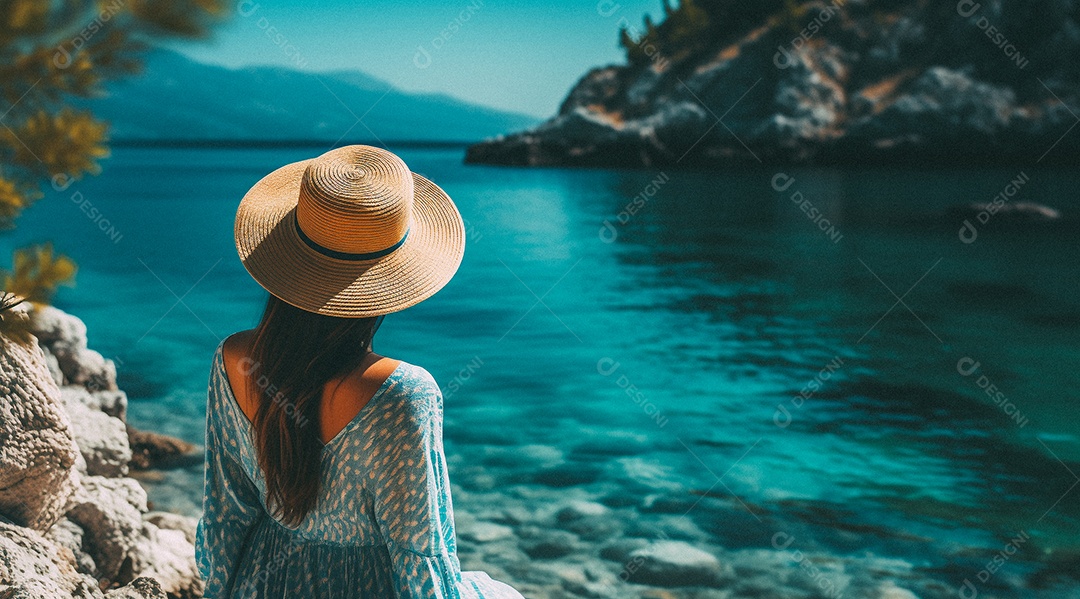 Mulher usando chapéu de palha fica na praia