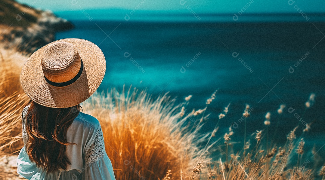 Mulher usando chapéu de palha fica na praia